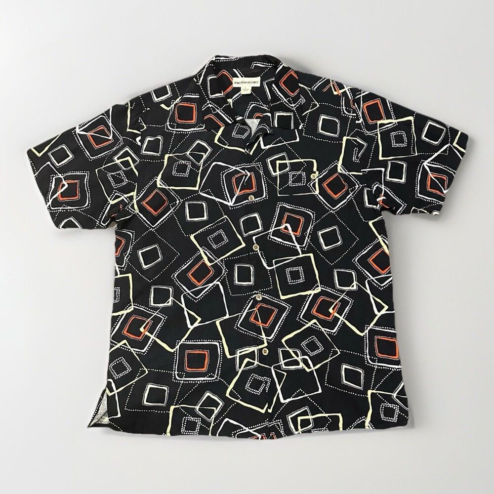 Pronto Uomo Men’s100% Silk Shirt Size Large Button Up Shapes Geometric 90’s club